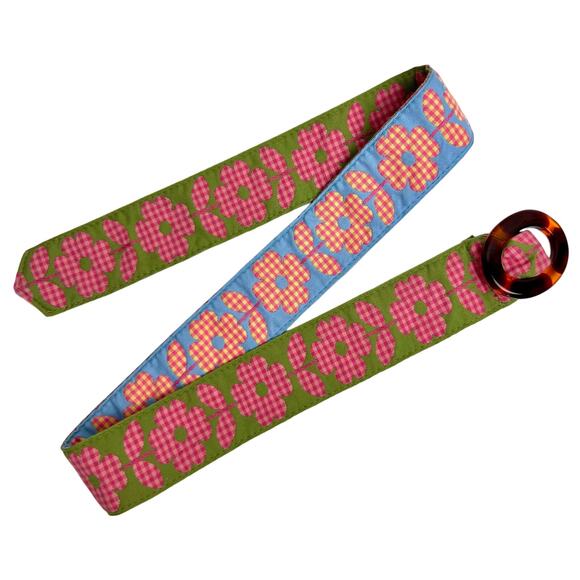 Vintage 90s Reversible Quilted Gingham Floral Belt Patchwork Cottagecore